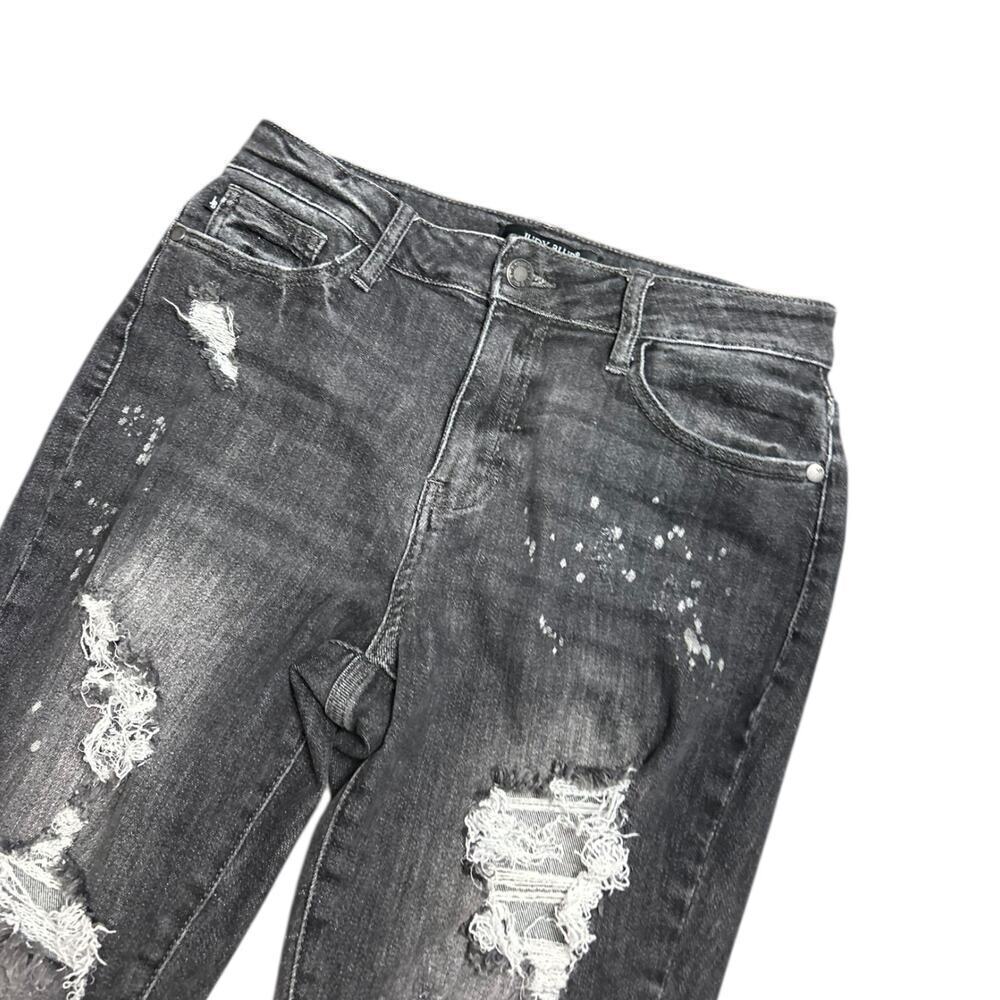 Judy Blue Boyfriend Fit Black Gray Distressed Jeans Stretch Mid Rise Denim 7/28 - Picture 3 of 8